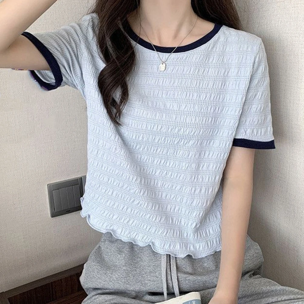Casual Outing Everyday Use Fashion Cropped Top Simple Style Casual T-shirt Crew Neck Top Ruffled T-shirt Crew Neck