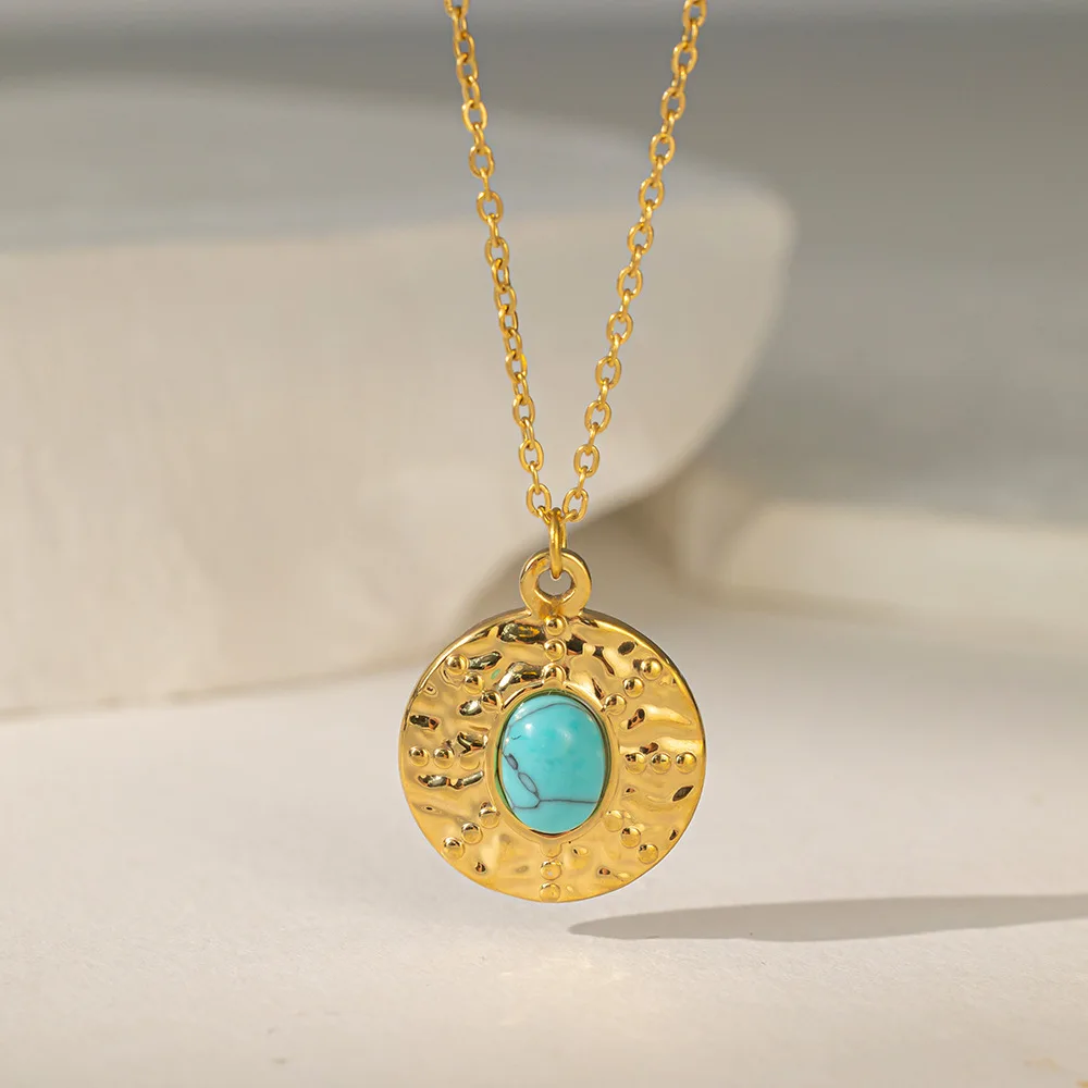 Retro Ethnic Style Imitation Turquoise Pendant with Titanium Steel Personality Niche High-end Necklace Women Jewelry Accessories