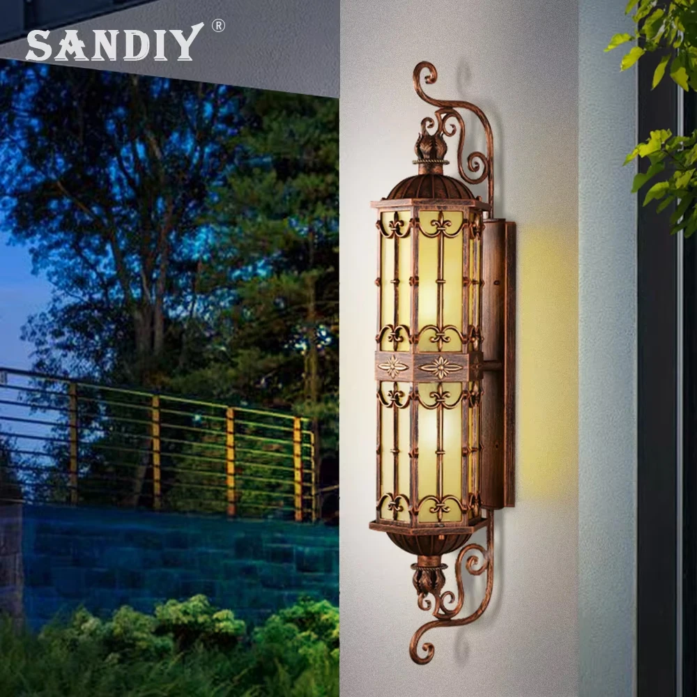 SANDIY Outdoor Gold Wall Lamp Europe Retro Waterproof Vintage LED Porch Light Large Street Sconces for Exterior House Gate E27