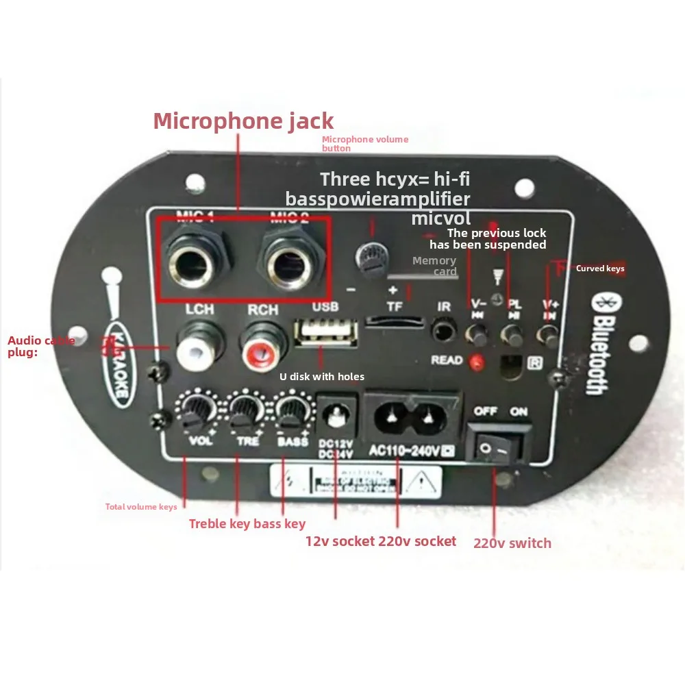 New 6-10 Inch Car Audio Amplifier Digital Dual Microphone Bluetooth Amplifier 12v24v 220v Wireless Subwoofer Amplifier Car Use