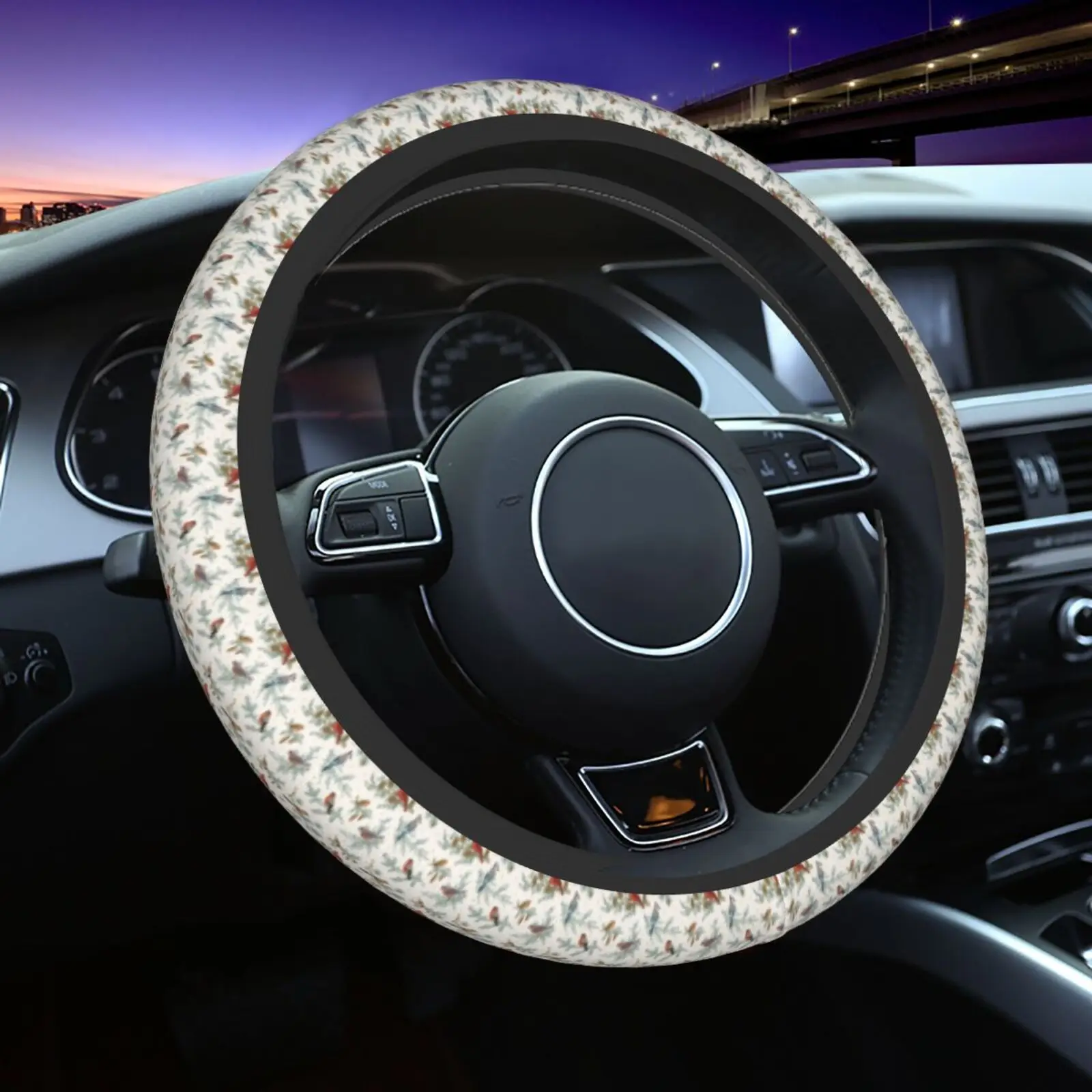 Sparrow Print Pattern Steering Wheel Cover Automotive Parts Universal 15 Inch Chloroprene Rubber Elastic Anti Slip