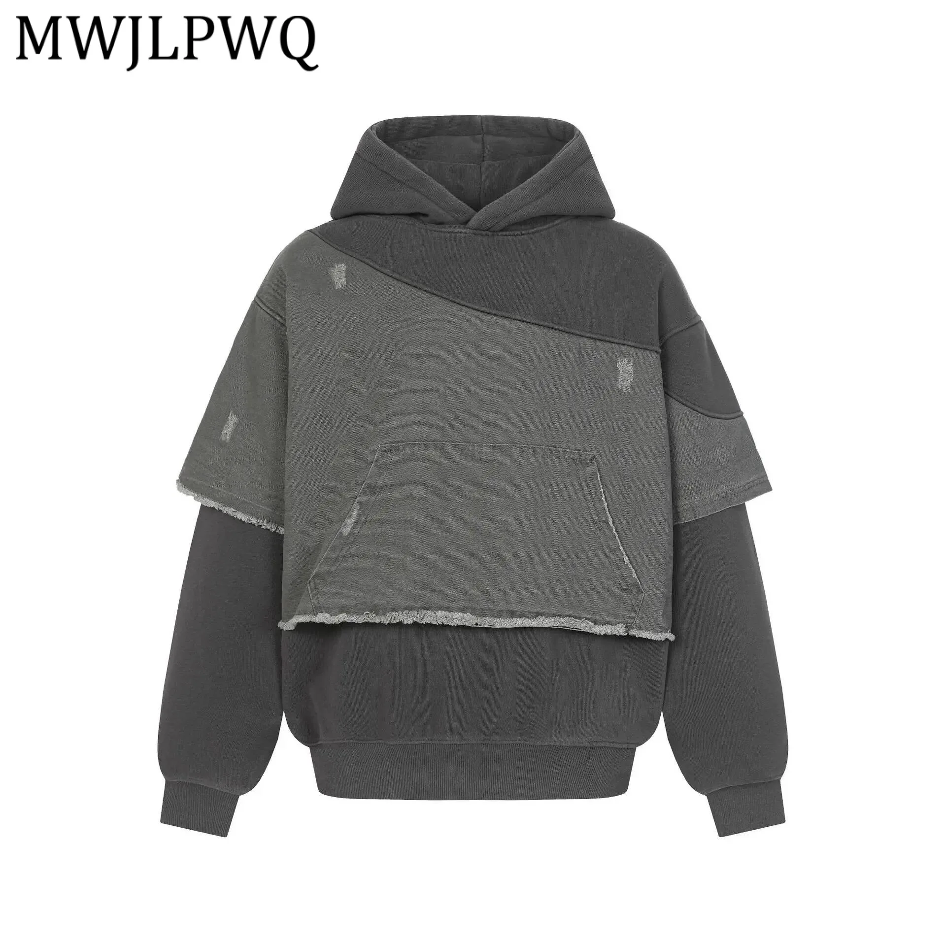 

Мужская флисовая толстовка MWJLPWQ с эффектом двухслойности и дизайнерскими вставками, в американском уличном стиле, с рваными краями, весенняя, с эффектом потертости, худи 2026 New 22052