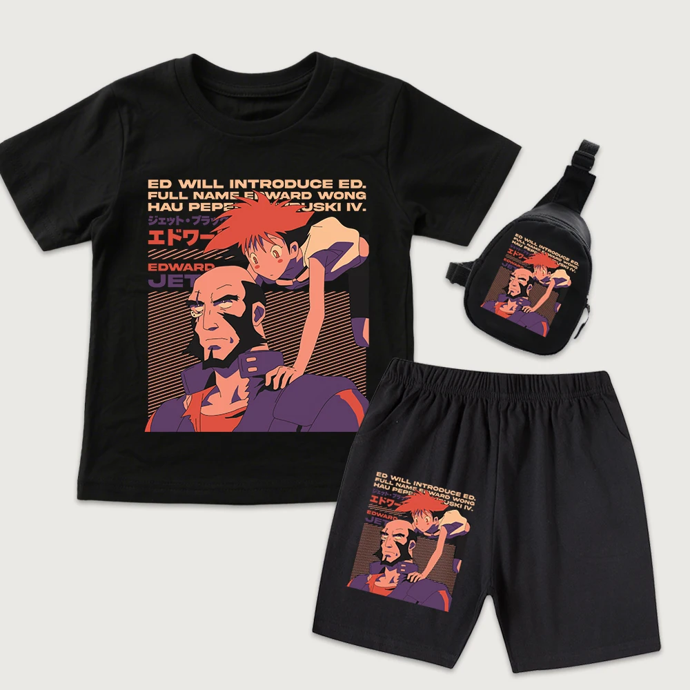 Cowboy Bebop Ed x Jet Anime Print Kids Cotton T Shirt Shorts Mini Chest Bag 3Pcs Set Boys Girls Casual Summer Outfit