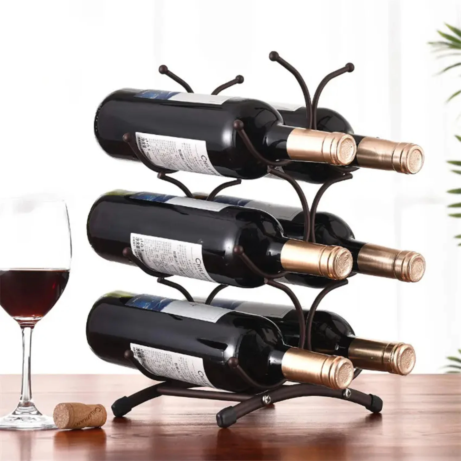 

Elegant European Style Metal Freestanding Wine Rack Stand for 6 Bottles - Decorative Kitchen Wine Cabinet with Grape Shelf Displ