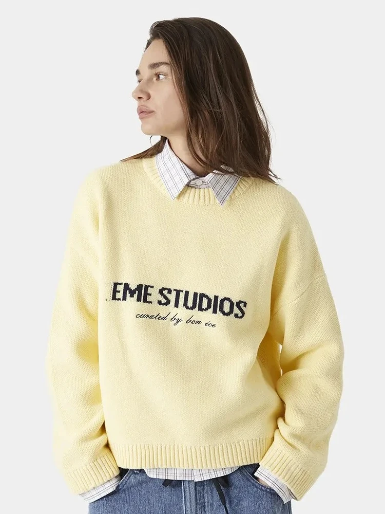 

New Autumn Winter Lazy Style Letter Jacquard Knitted Sweater Women Fashion Street Travel Campus Daily Office Thick Warm Sweater