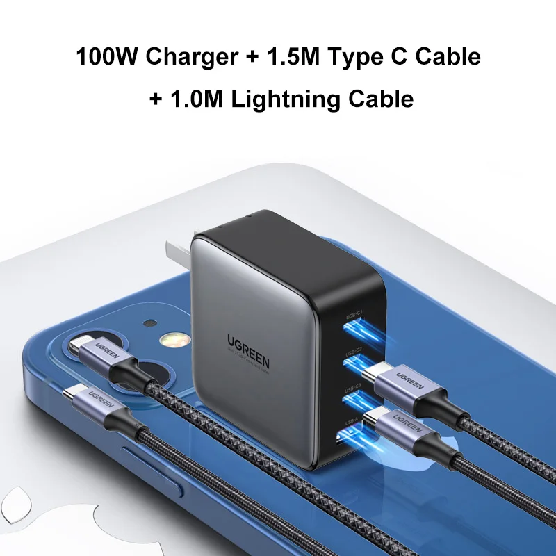 UGREEN 100W snel opladen USB C-oplader Nexode 4-poorts GaN opvouwbare wandlader voedingsadapter met kabel voor MacBook Pro Air