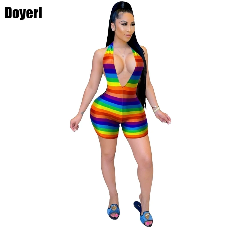 Regenbogen Drucken Backless Sexy Bodycon Strampler Frauen Overall Shorts Sommer Kleidung Ein Stück Club Outfits für Frauen Overalls