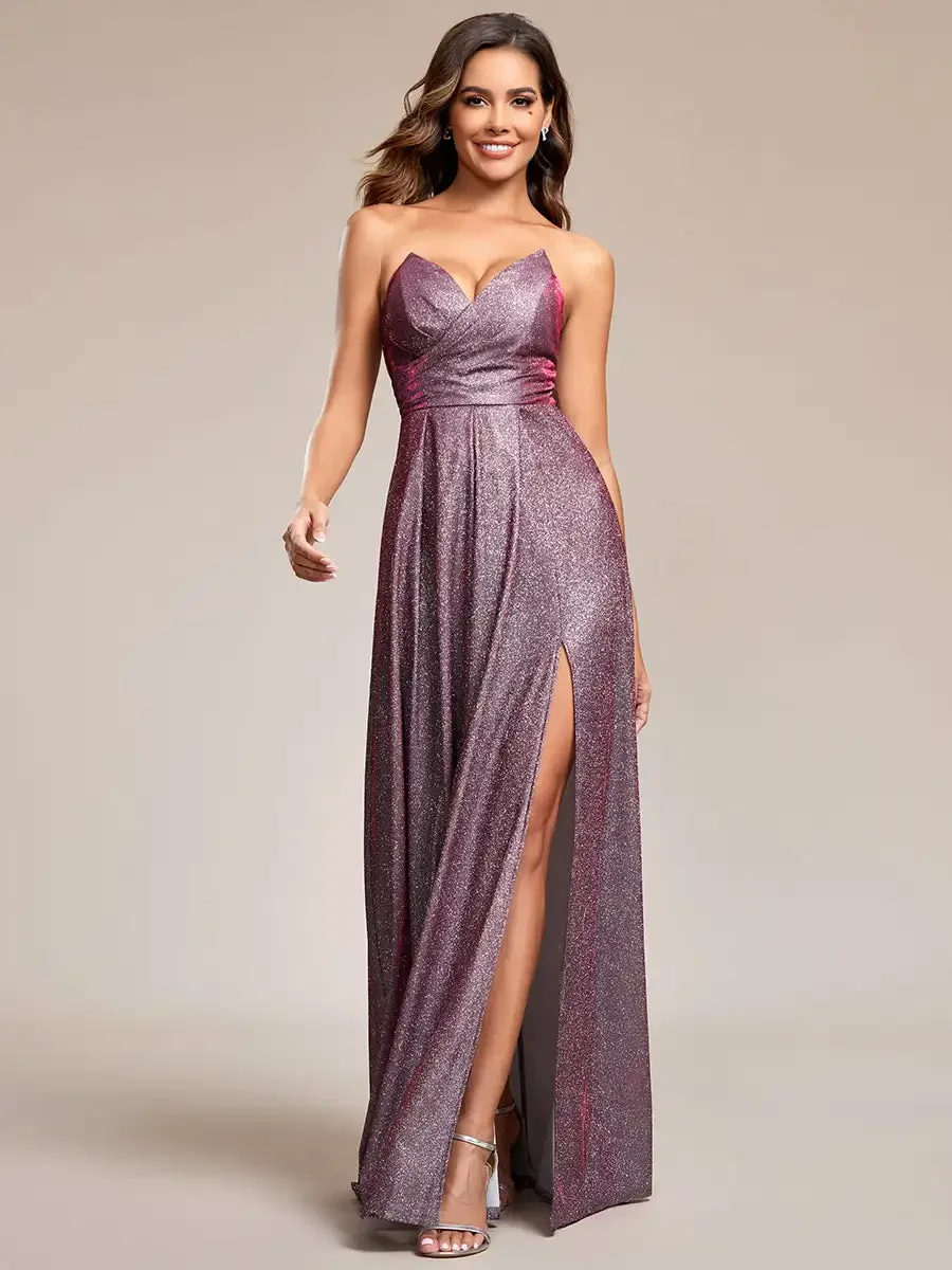 Ever pretty 2024 Gorgeous Evening Dresses Deep V-neck Hot Split Pleated Maxi Lacing  of Shiny Metallic Rose Bridesmaid Dresses