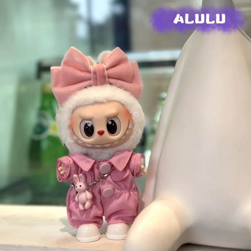 

Only Clothes for Labubu Pink One-piece Work Pants with Bow Ties and Rabbit Ornaments Labubu Outfits Accessories Without Dolls