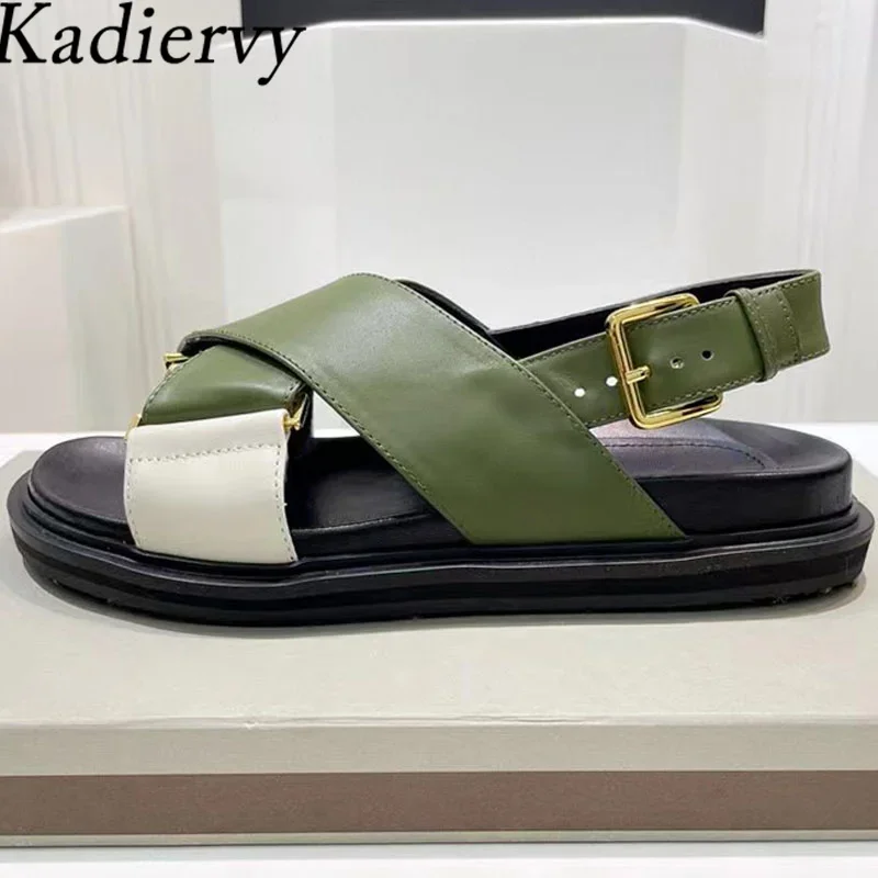 Summer Flat Sandals Woman Genuine Leather Cross Strap Holiday Beach Shoes Female Thick Sole Roman Sandals Women Sandalias Mujer