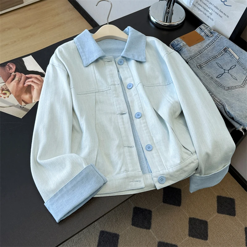 

Blue Yellow Loose Contrast Color Lapel Denim Jacket Women Autumn Casual Single-Breasted Long Sleeve Jeans Jacket Chaqueta Mujer