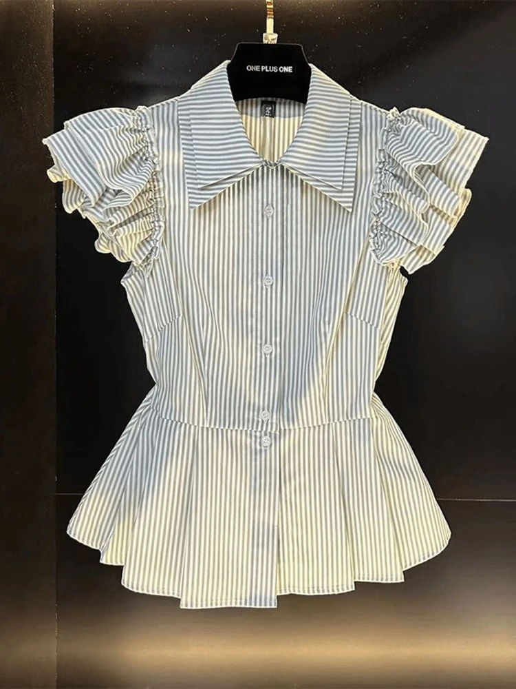 Slim Fit a righe irt con Flng Sves ort Sle Estate Nuovo arrivo Faion da donna Piccolo Top Versione coreana Pendolari Sle