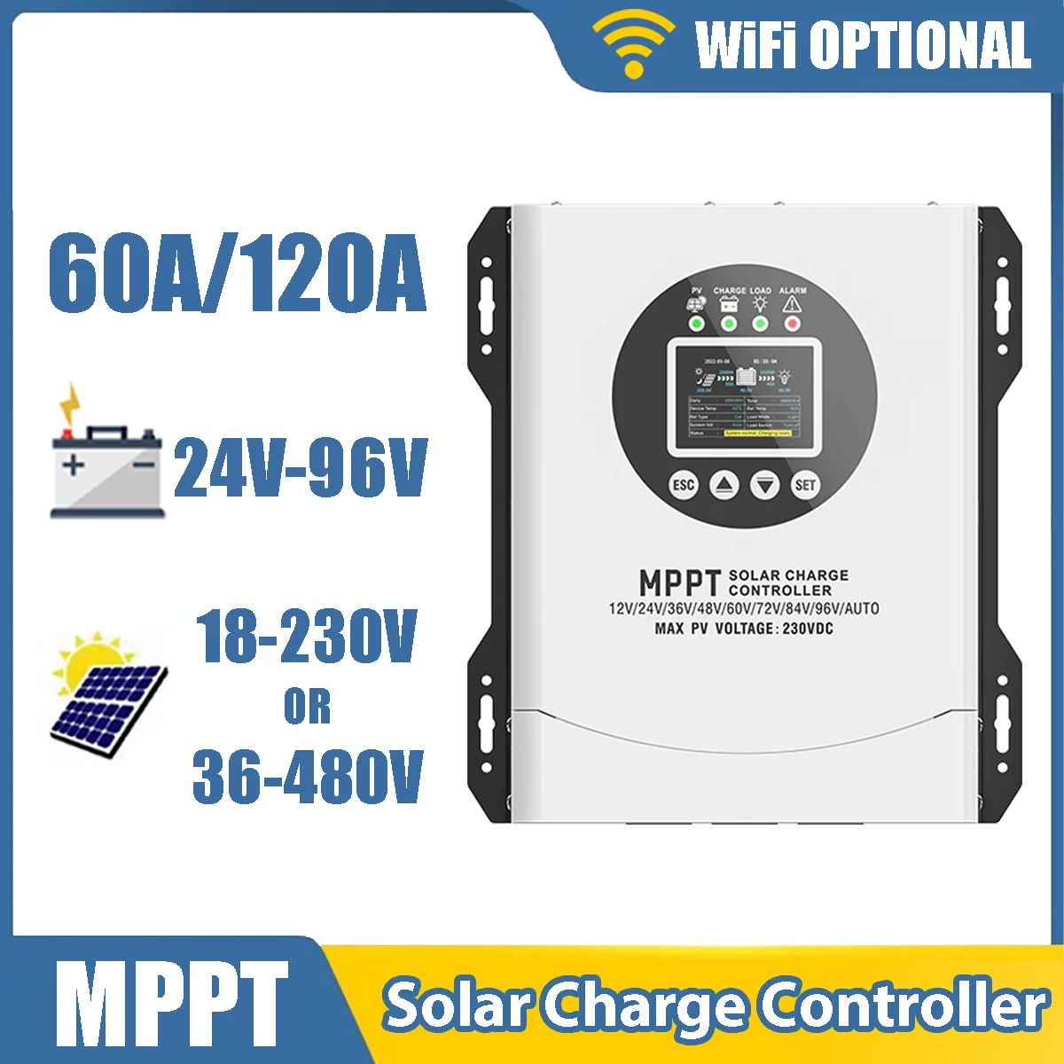 Controlador de Carga Solar MPPT de 60A 120A, Sistema de Batería de 24V-96V 192V, Identificación Automática de la Entrada Máxima del Panel Fotovoltaico de 230V 480V, WiFi Opcional