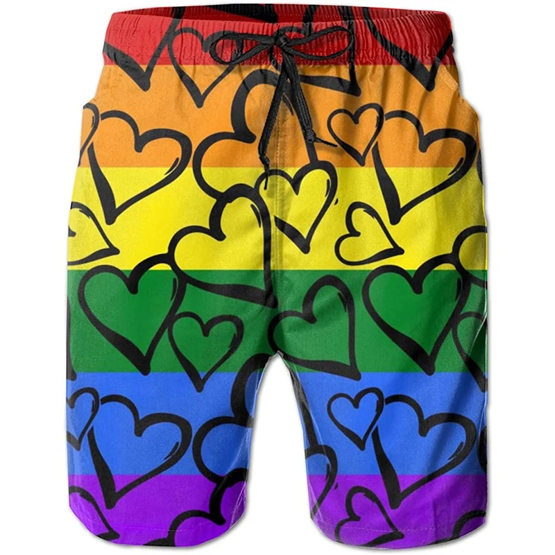 Rainbow Colors LGBT 3d Printed Shorts For Men Women Color Blocks Short Pants Streetwear Love Shape Sports Fitness Swim Trunks