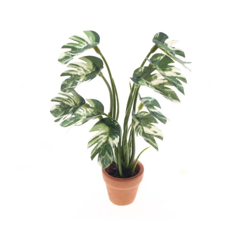 Pianta in plastica artistica con foglie Monstera variegate bianche per decorazione ambiente delle case delle bambole