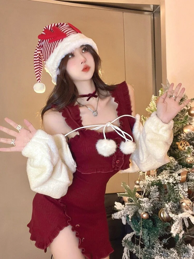 

XZY Christmas Theme Spicy Sweet Style Women's Knitted Wrap Dress Slim Fit Korean Style Commute Style Polyester Fiber Long Sle...