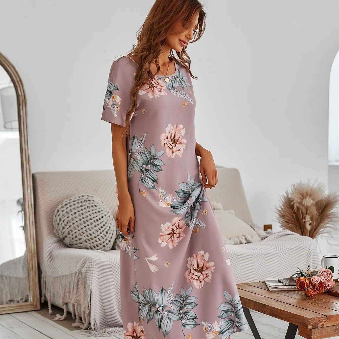 2022 New Arrival Homewear Women Casual Floral Print Nightgown Ladies Nightdress Female Round Collar High Quality Sleep Dress