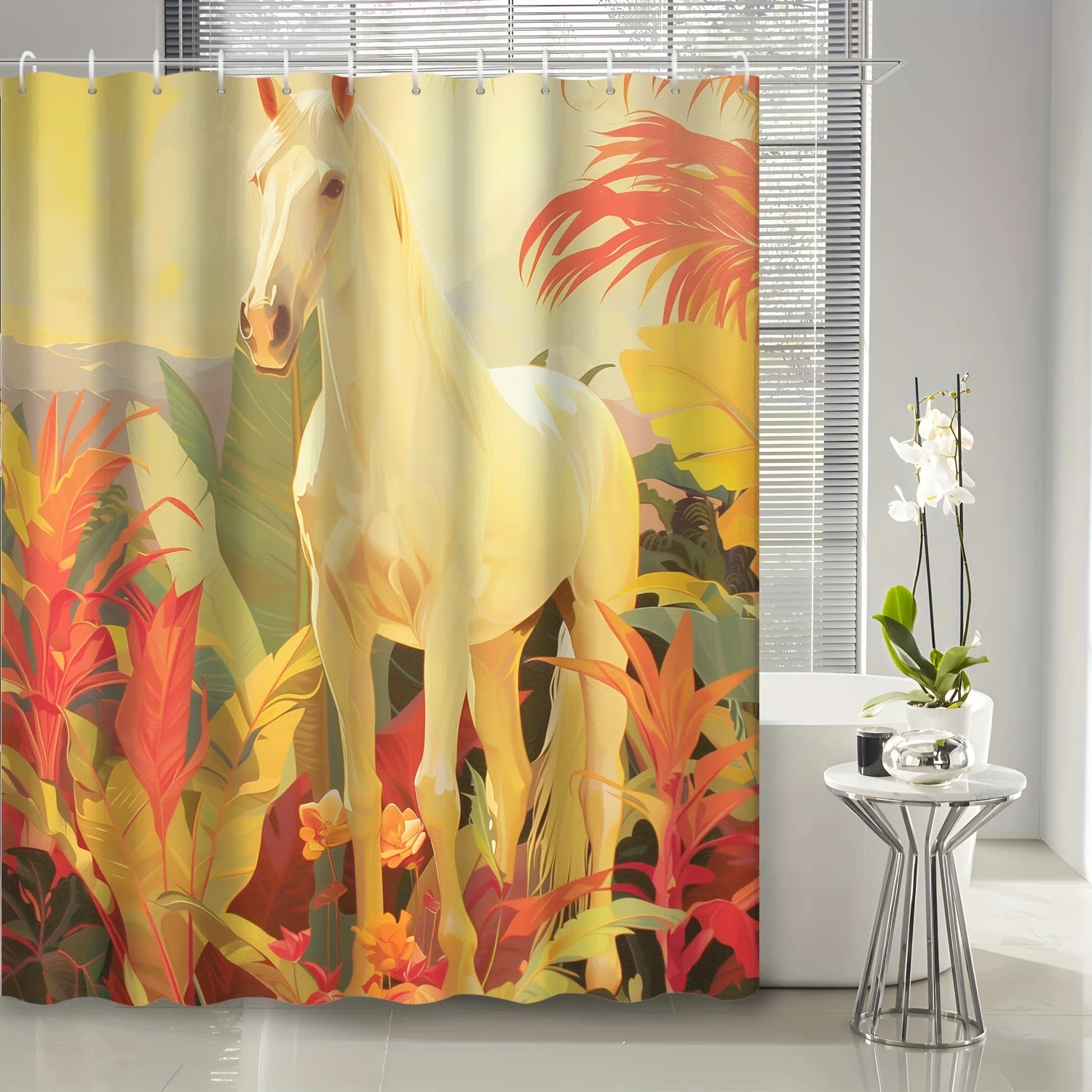 

1 шт., осеннее украшение, винтажная занавеска для душа с белыми лошадьми, тропическими растениями и цветами, содержит 12 крючков, занавеска для душа, декабрьская комната