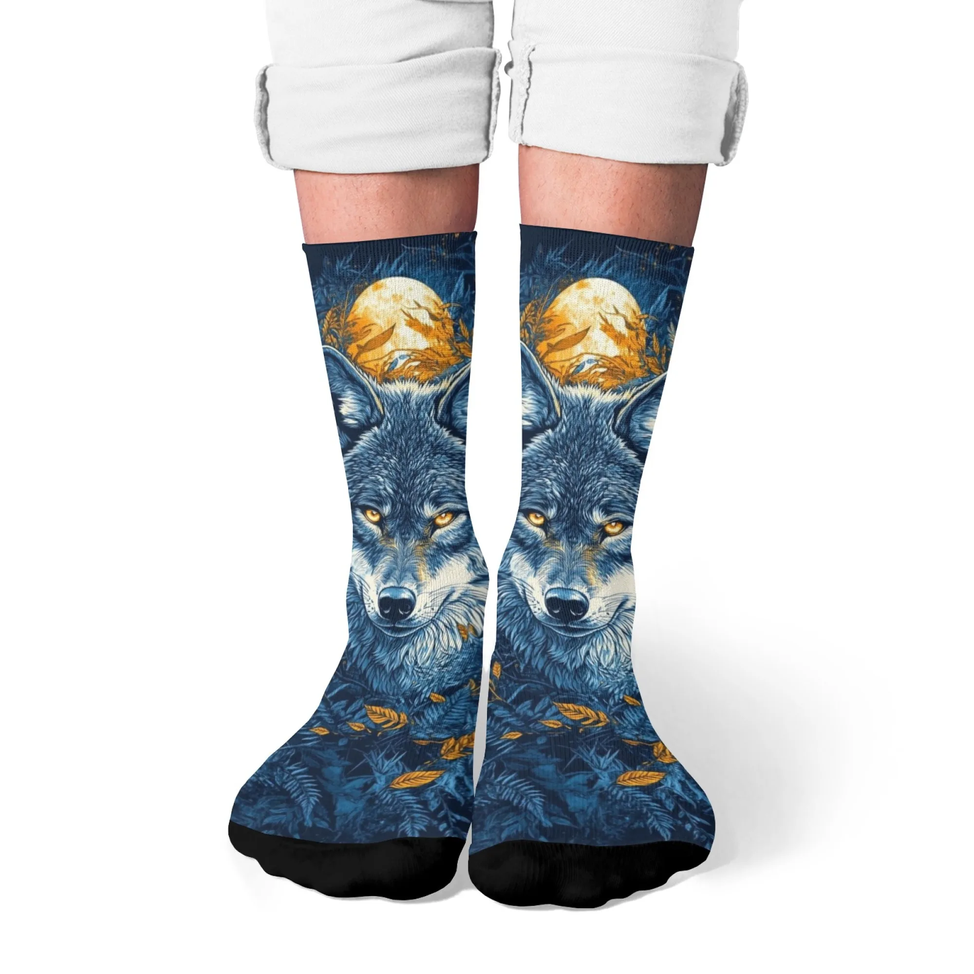 Alaskan Timber Wolf Crew Socks,Photorealistic Fur Texture with Mountain Silhouette,Moisture-Wicking Fabric for Hiking & Camping
