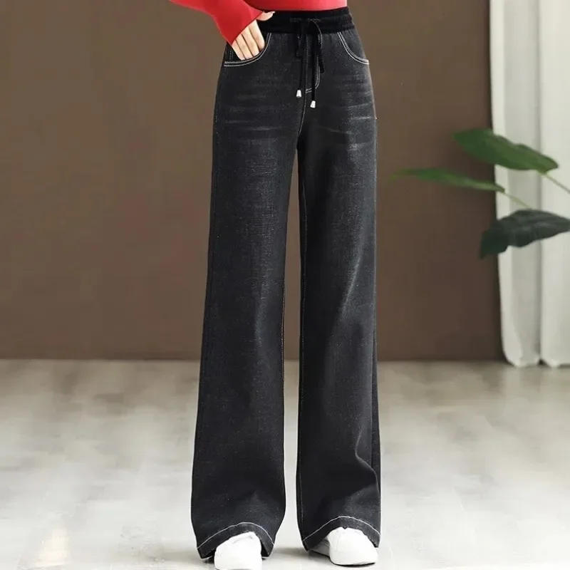 Calça Jeans larga vintage de cintura alta feminina, branqueada, com renda acima, estiramento, largo, grande, mãe, calças jeans, moda, 34