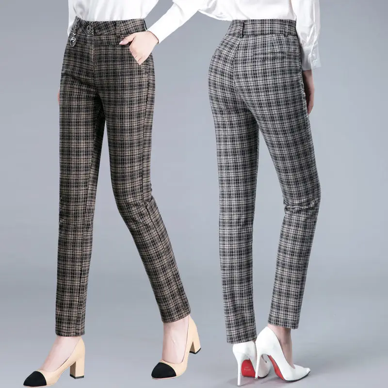 Office Lady Fashion Plaid Wool Pencil Pants Spring Autumn High Waist Elastic Women Streetwear Casual Korean Straight Trousers