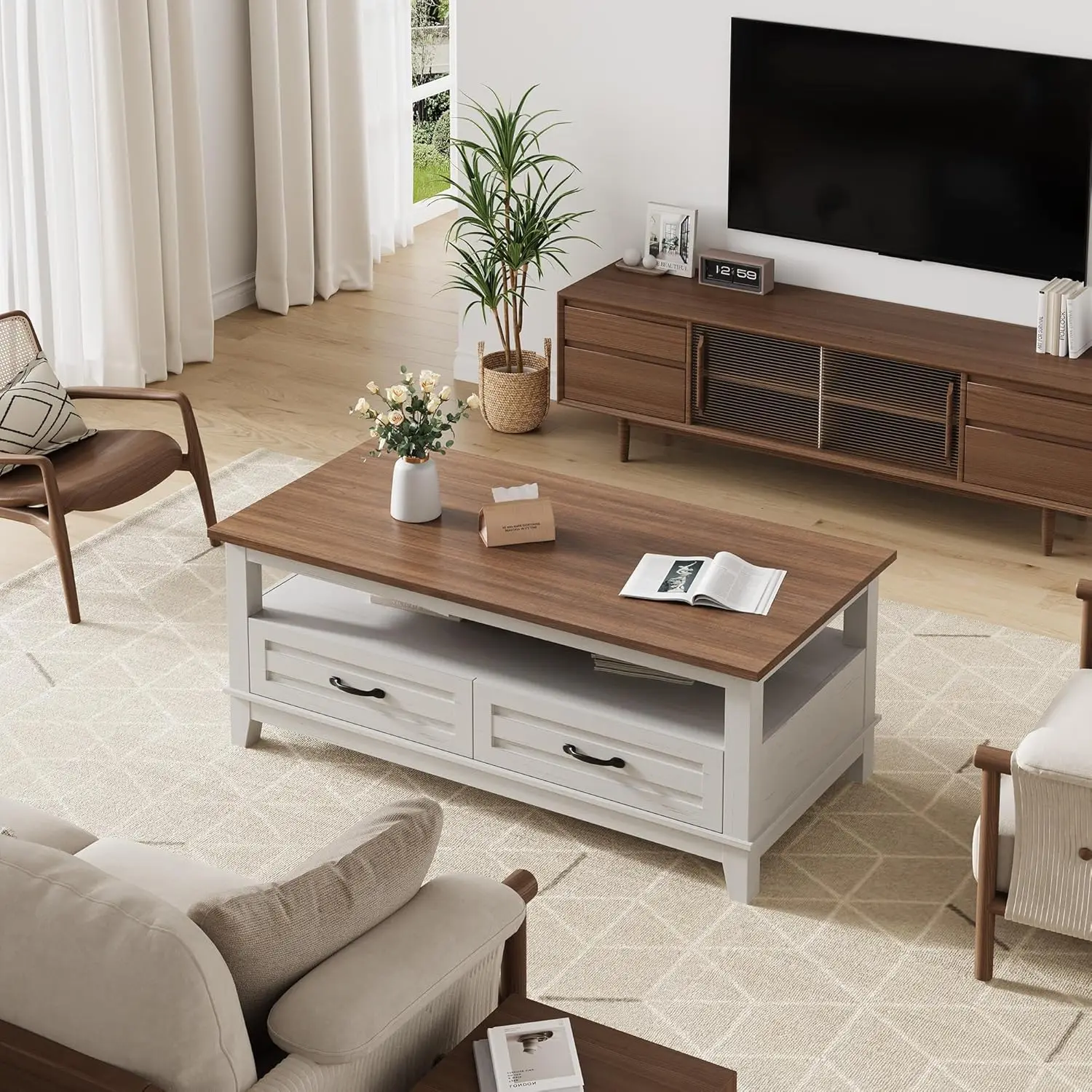 Mesa de centro rústica de granja con cajones, mesa central de 47,2 pulgadas, muebles de salón marrón blanco, estilo vintage moderno