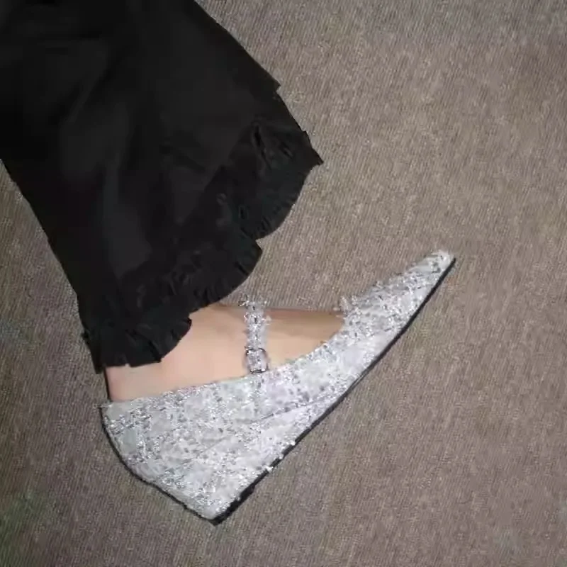 

Pointed Wedge Heel Tweed Shallow Pumps Versatile High Heel One-Strap Mary Jane Buckle Women's Shoes Chaussure Femme