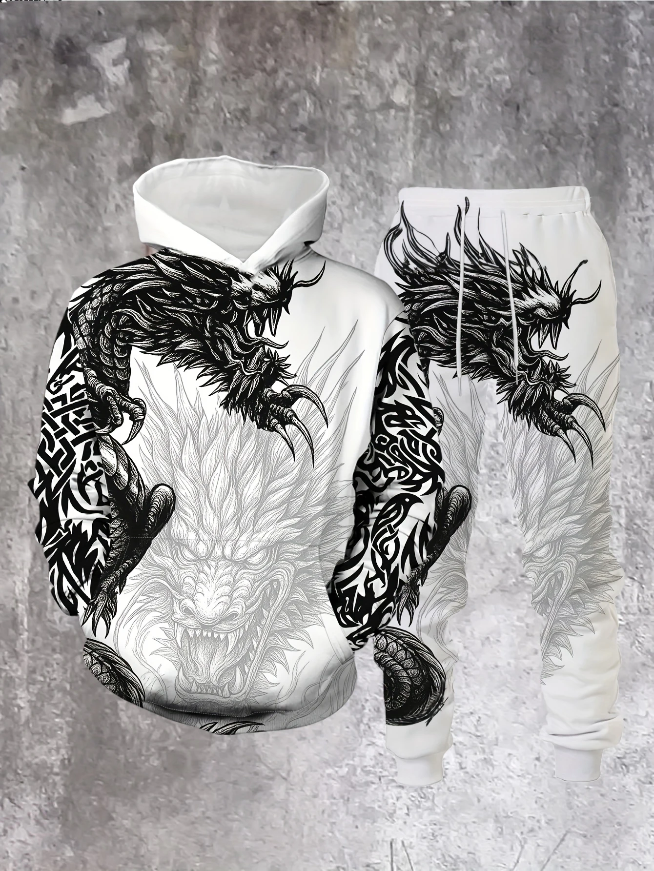 جديد وصول عادية الشتاء الخريف التنين نمط ثلاثية الأبعاد مطبوعة هوديي وسراويل مجموعة رياضية 2 قطعة مجموعة ملابس رياضية الرجال الملابس Sui