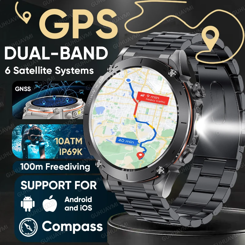 

2025 Новые военные BDS + GALILEO GPS Смарт-часы Компас 10ATM и IP69K Водонепроницаемые встроенные двухдиапазонные умные часы GNSS для iOS Android