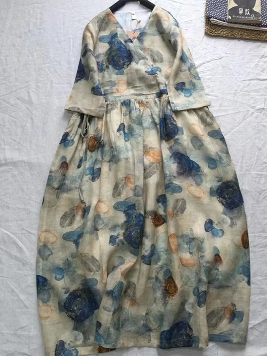 

Женское летнее повседневное платье макси с завышенной талией, V-образным вырезом, поясом, А-силуэтом, свободного кроя, с цветочным принтом