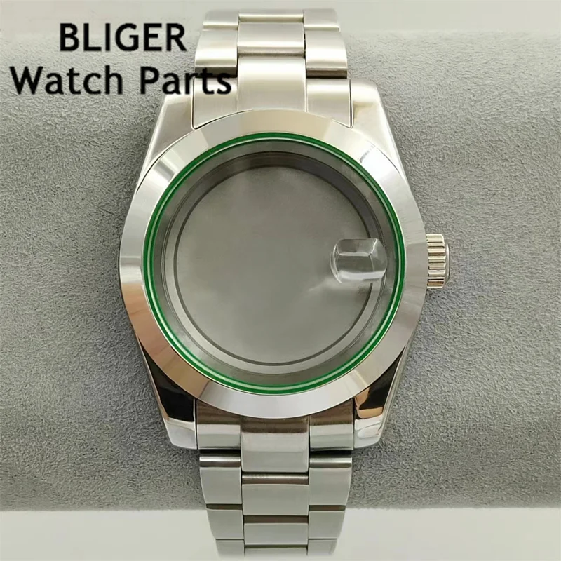 Bliger เคสขัดเงาขอบสีเขียว36มม./40มม. กระจกแซฟไฟร์พอดีกับ NH35 NH36 ETA2824 2836 Mingzhu DG2813 3804 Miyota8205 8215 PT5000
