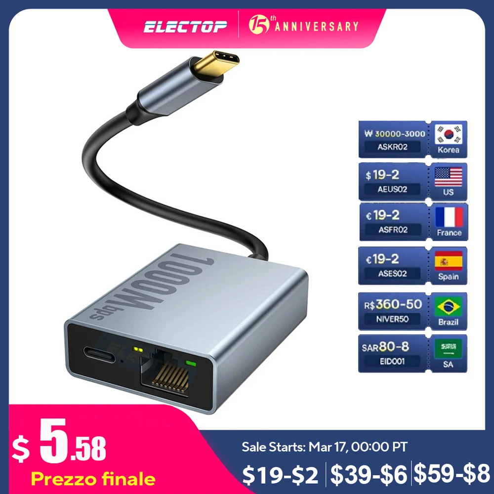 ELECTOP 노트북 태블릿용 이더넷 네트워크 카드, 구글 TV C타입 to RJ45, 크롬캐스트용 USB C-이더넷 어댑터, 1000Mbps