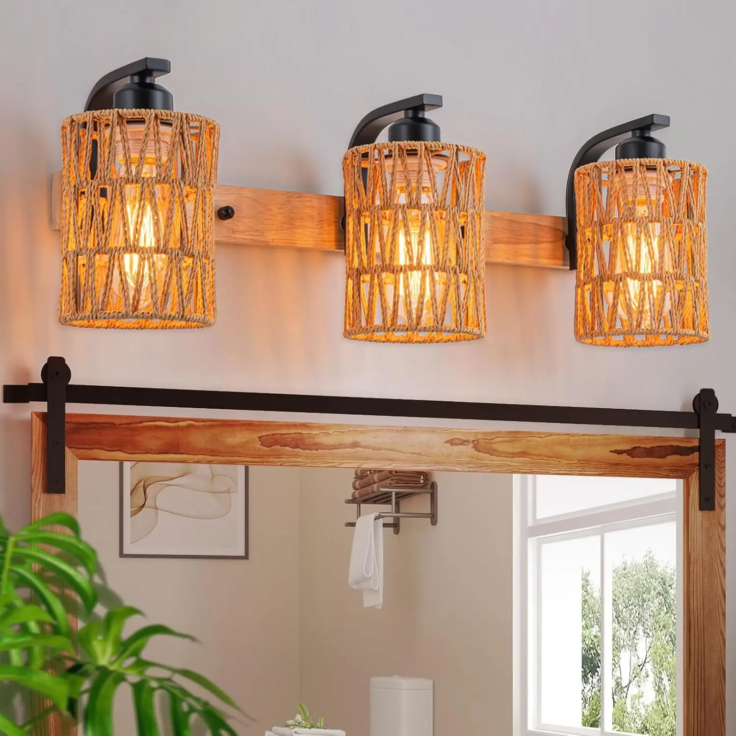 

Boho Vanity Light Fixtures,Bathroom Lights Over Mirror,Rustic Rattan Wall Sconce With Woven Cage,3-Light Boho Wall Mounted