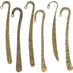 12Pcs Hook Bookmarks Bulk Tibetan Style Antique Bronze Bookmark Hooks Blanks Flower Carved Hairpin Stripe for Beading Crafting