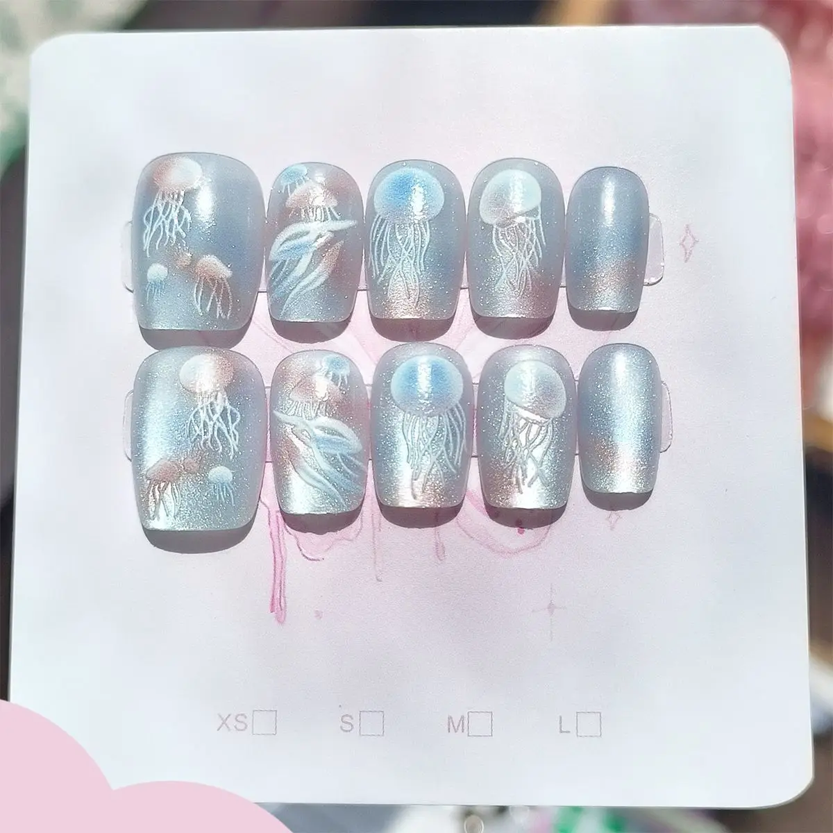 10 ชิ้นผู้หญิงสี Dreamy แมงกะพรุนใหม่ Handmade Cat Eye กดบนเล็บที่ถอดออกได้สวมใส่สาว Art Kawaii สีฟ้าเล็บปลอม