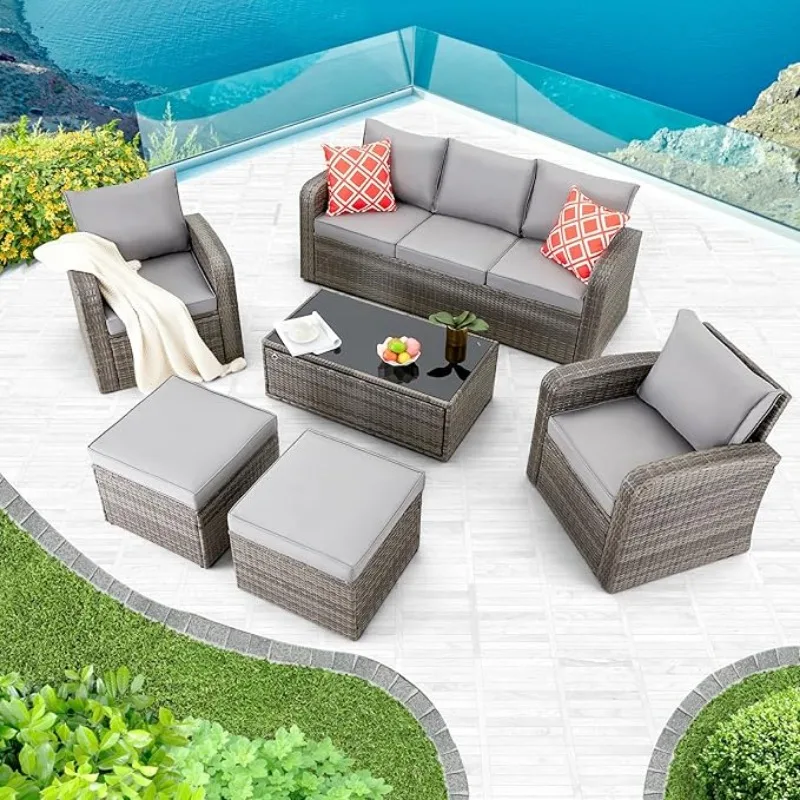 6 Pieces Patio Furniture Sets, Wicker Patio Conversation Sets w/ Storage Glass Coffee Table, Outdoor Sectional Sofa w/Ottomans