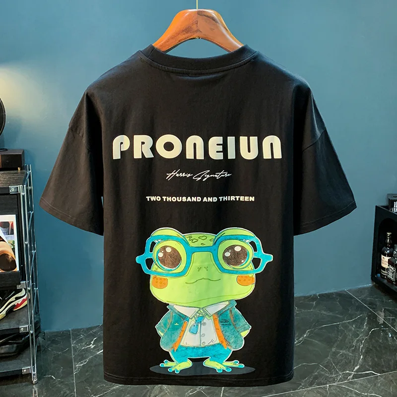 Casual short sleeve T-shirt men's summer thin loose frog cartoon printed half sleeve clothes high-end street fashion tops