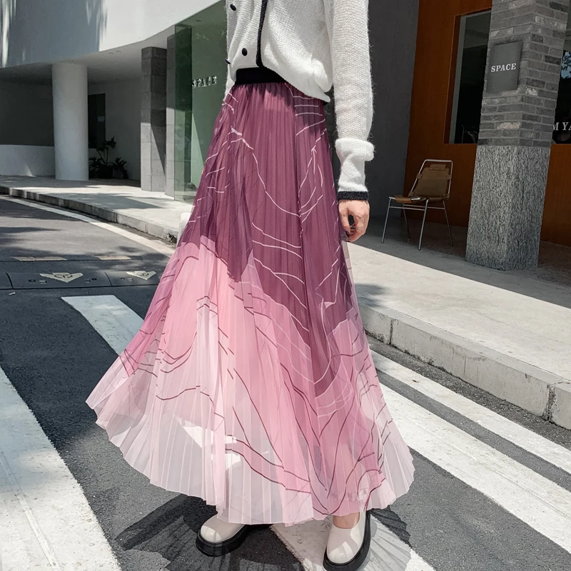 Fashion Gradient Print Pleated Mesh Tulle Skirt Women Casual Slim Elastic High Waist Party Long Skirts Spring Summer 2023 New