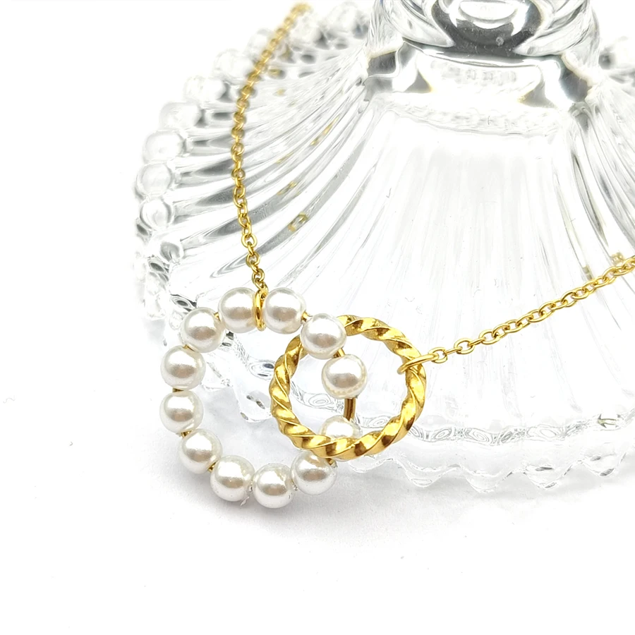 

Fashion Imitation Pearl Men's And Women's Necklaces Handmade Classic Stainless Steel I Circle Pendant New Style Box Chain Neckla