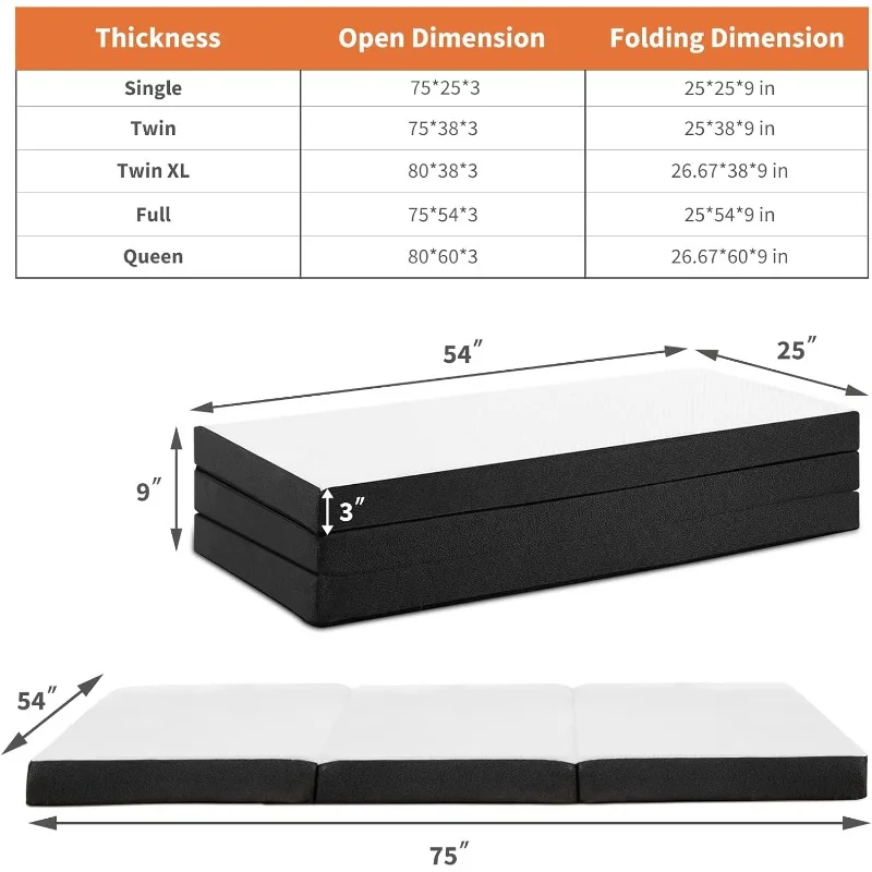 Tri-fold Memory Foam Mattress - 4 Inch Full Size Portable Bed Pad, Foldable Floor Mat, for Travel & Camping & Yoga