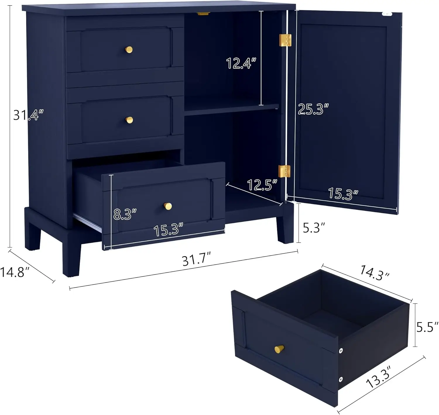 Cabinet with 3 Drawers and Door, Wooden Storage Cabinet with Shelves, Sideboard for Living Room, Entryway, Navy Blue