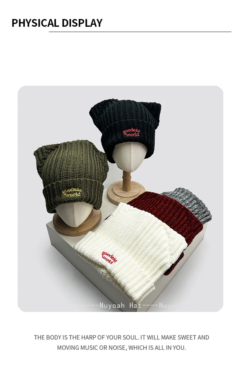 Neue Herren- und Damenmützen im koreanischen Stil mit Buchstabenstickerei und Katzenohren, warme, vielseitige und individuelle Beanies im Retro- und Ins-Stil – Detail 4