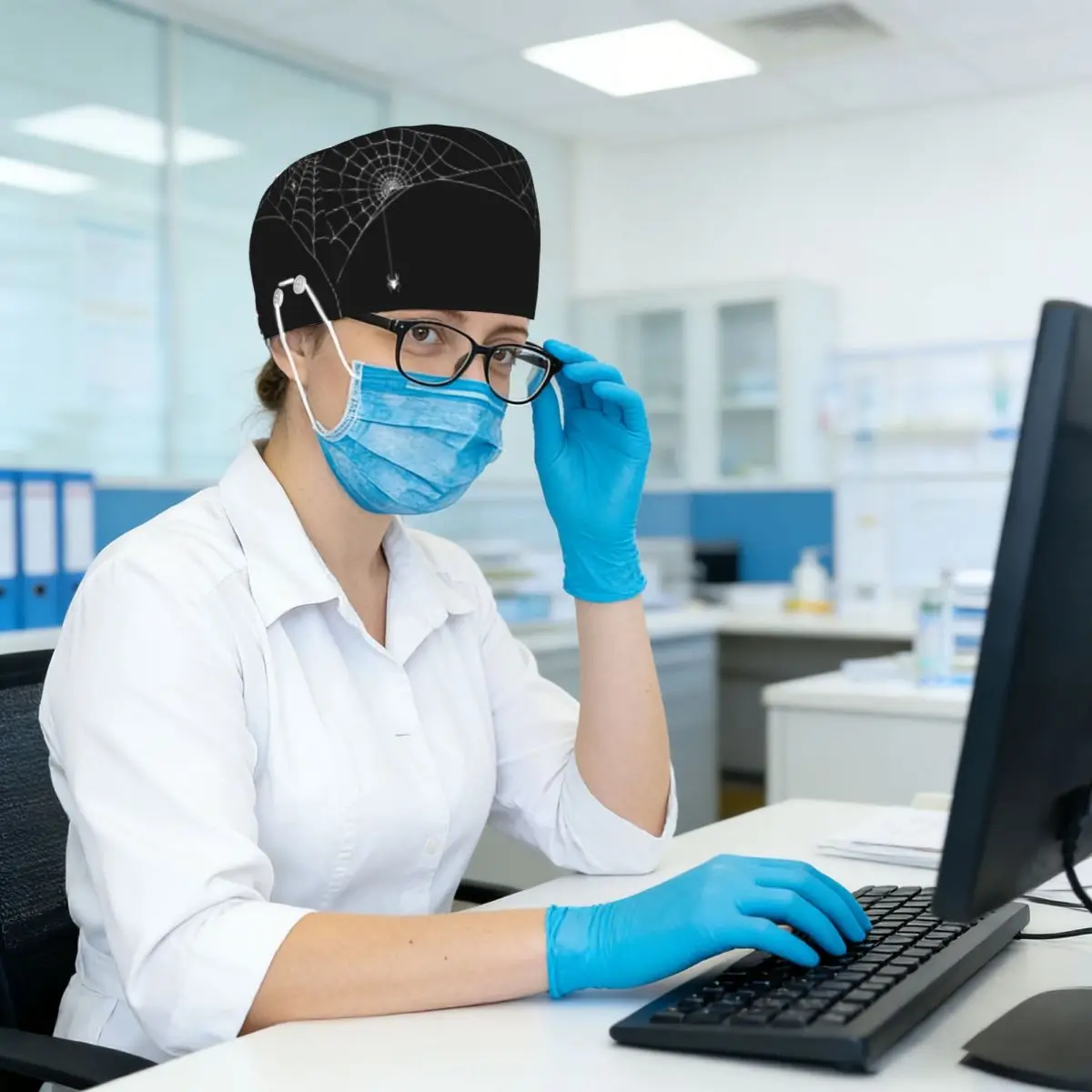 Black White Spider And Cobweb Scrub Hat Doctor Working Surgical Cap Unisex Adjustable Nursing Caps for Dentist