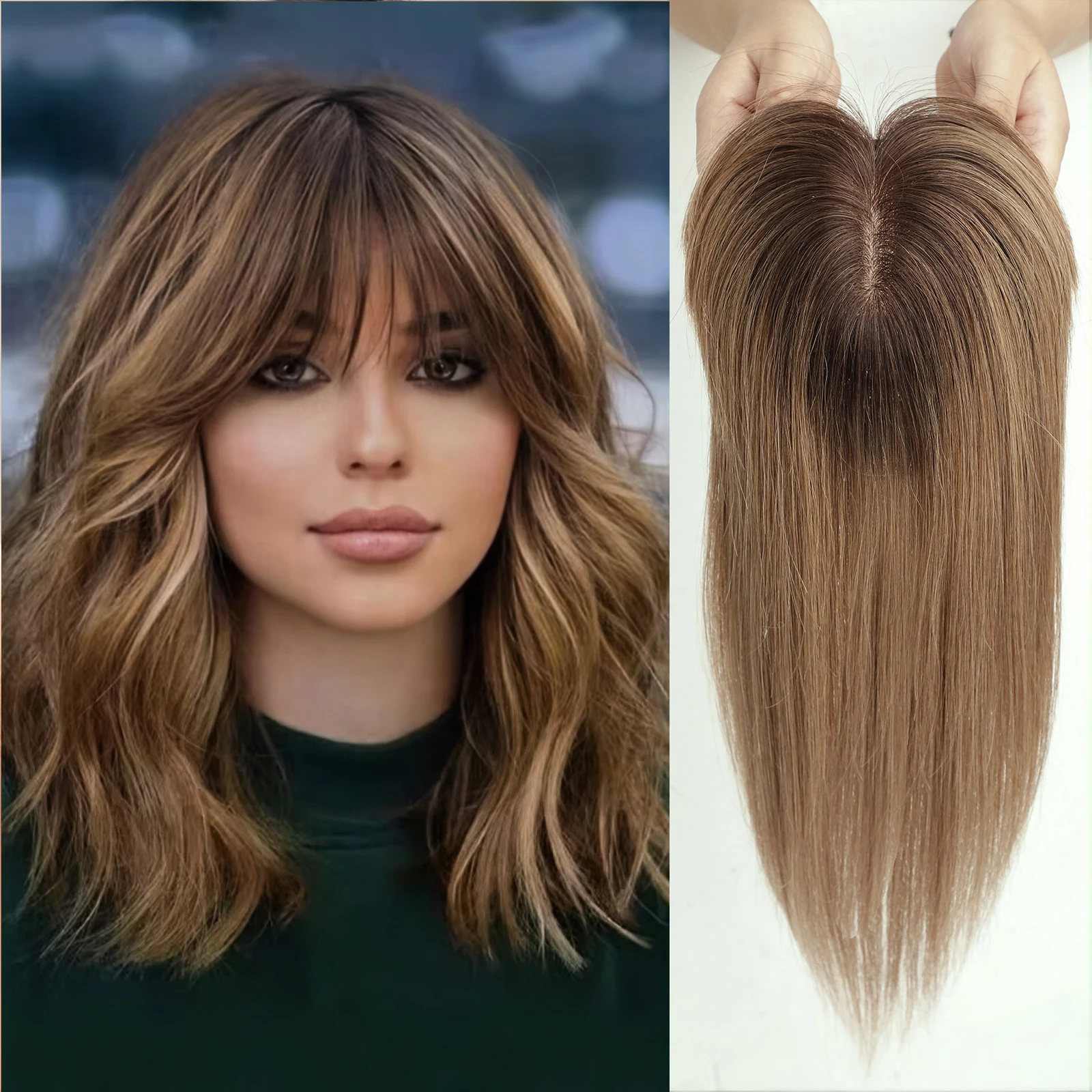 Auburn 14 Inch Silk Base Human Hair Topper 100% Remy Human Hair Topper Clip in Hairpiece for Women Thin Skin Top Hair Extensions image 3
