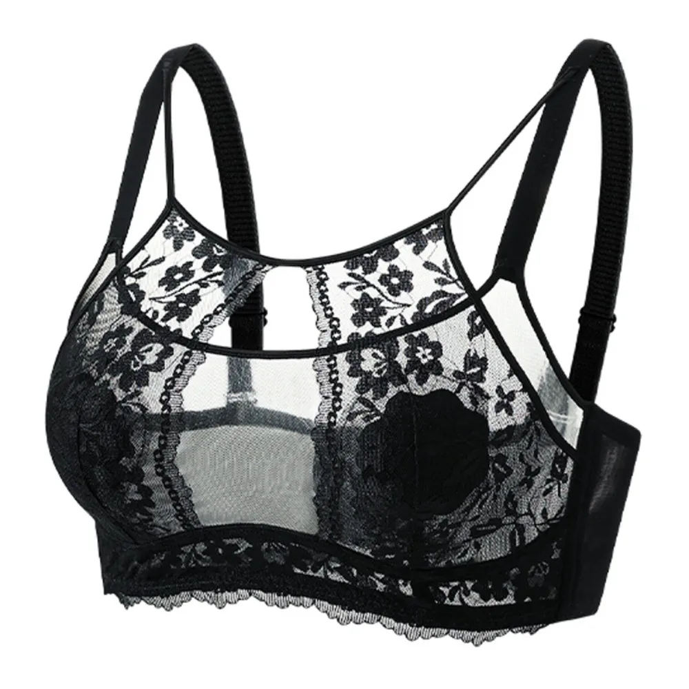 

Sweet Mesh Flower Wireless Deep V Bra Anti-sagging Lingerie Underwear for Women Adjustable Shockproof Lace Thin Bra Gifts