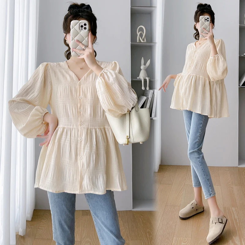 

2024 Spring Fashion Maternity Blouses Elegant Sweet V neck Loose Tunic Clothes for Pregnant Women Lovely Pregnancy Tunic Tops