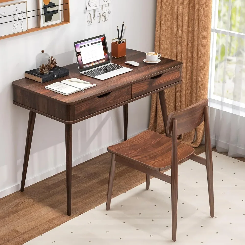 

Writing Desk with 2 Storage Drawers, Rubber Wood Legs for Small Space, Versatile Vanity Table, Mid Century Computer Desk