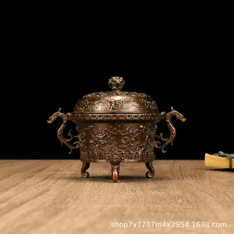Brass alloy craftwork: Double Dragon Ear Eight Treasures Censer, home decoration ornament