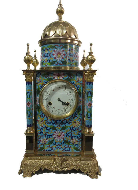 Brass Antique Gilt 19th  French  15 Days Mechanical  Floral Blue Cloisonne Enamel Champleve Brass Case Mosque Table/Desk Clock