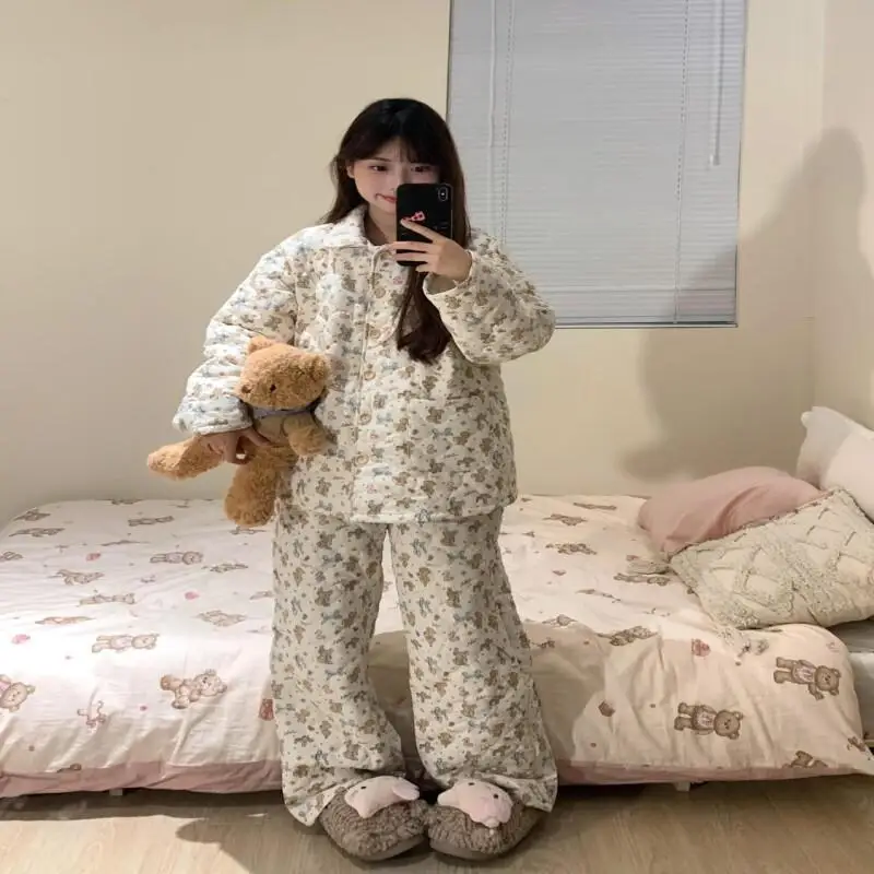 

Модная домашняя одежда, хлопковые пижамы для женщин на осень и зиму, сексуальный пижамный комплект с милой собакой, воздушный слой, корейская домашняя одежда из двух предметов